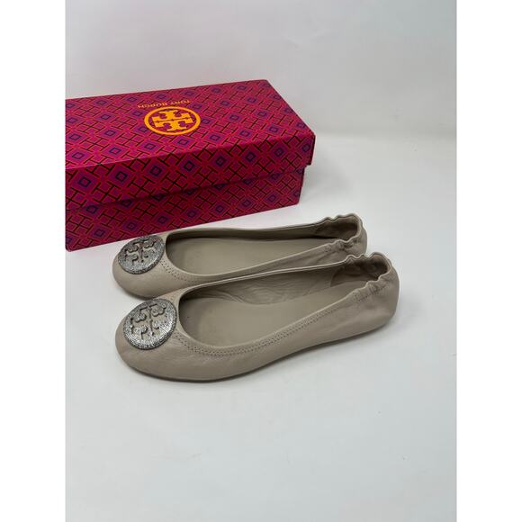 Tory Burch NIB Travel Minnie Flats with Pave Logo Sz 8 Stone - Picture 4 of 7
